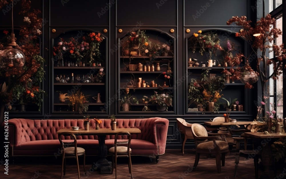 Step into the ambiance of an elegant cafe with a dark, earthy background that exudes sophistication and charm. Generative AI