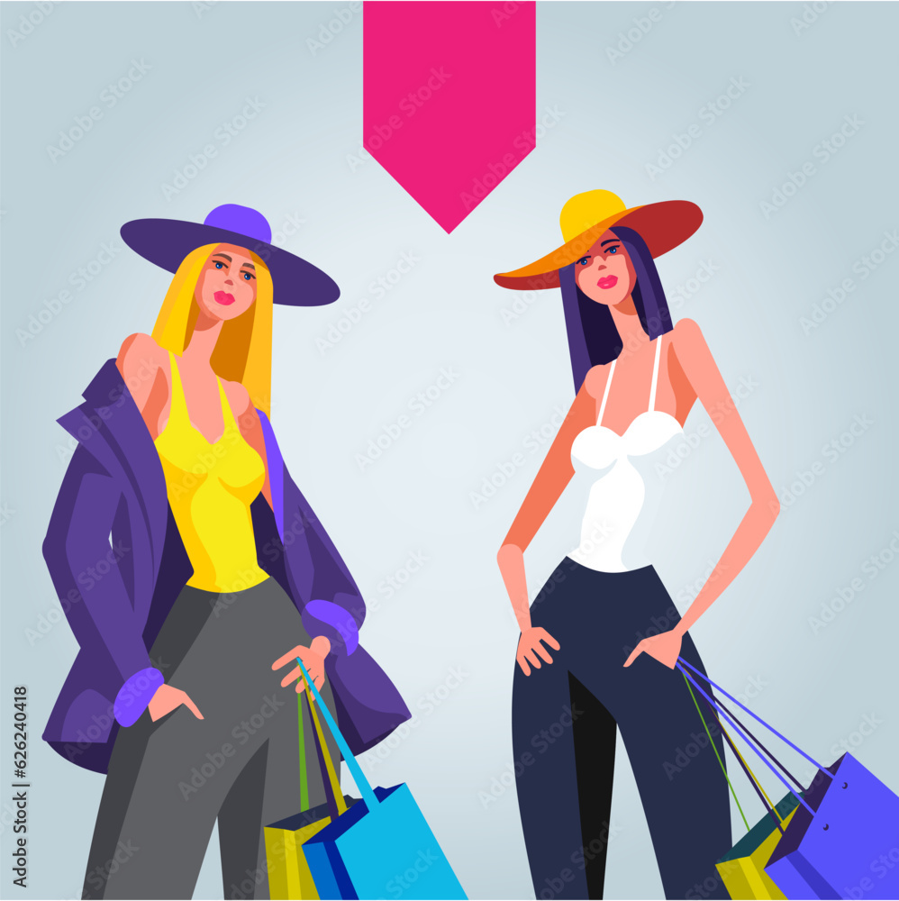 Attractive ladies with hat and shopping bags on their hands. Fashion models clothing creation.	