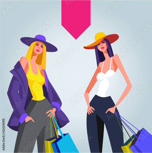 Attractive ladies with hat and shopping bags on their hands. Fashion models clothing creation. 