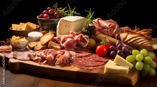 a wooden board with food on it