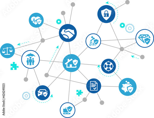 Insurance vector illustration. Blue concept with icons related to security, protection & coverage, insuring health, car, property; risk & safety, liability, versicherung.