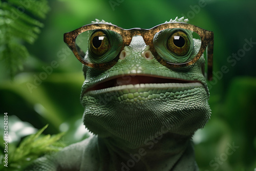 wildlife glasses portrait close-up scale reptile iguana animal green lizard. Generative AI.