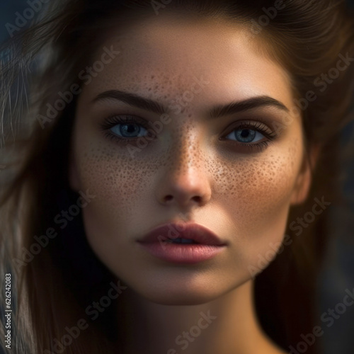 Wallpaper Mural Beauty portrait of a young woman with freckles on her face and professional makeup. Closeup Glamour portrait of attractive young  woman with brown makeup looking to the camera, studio shot. Torontodigital.ca