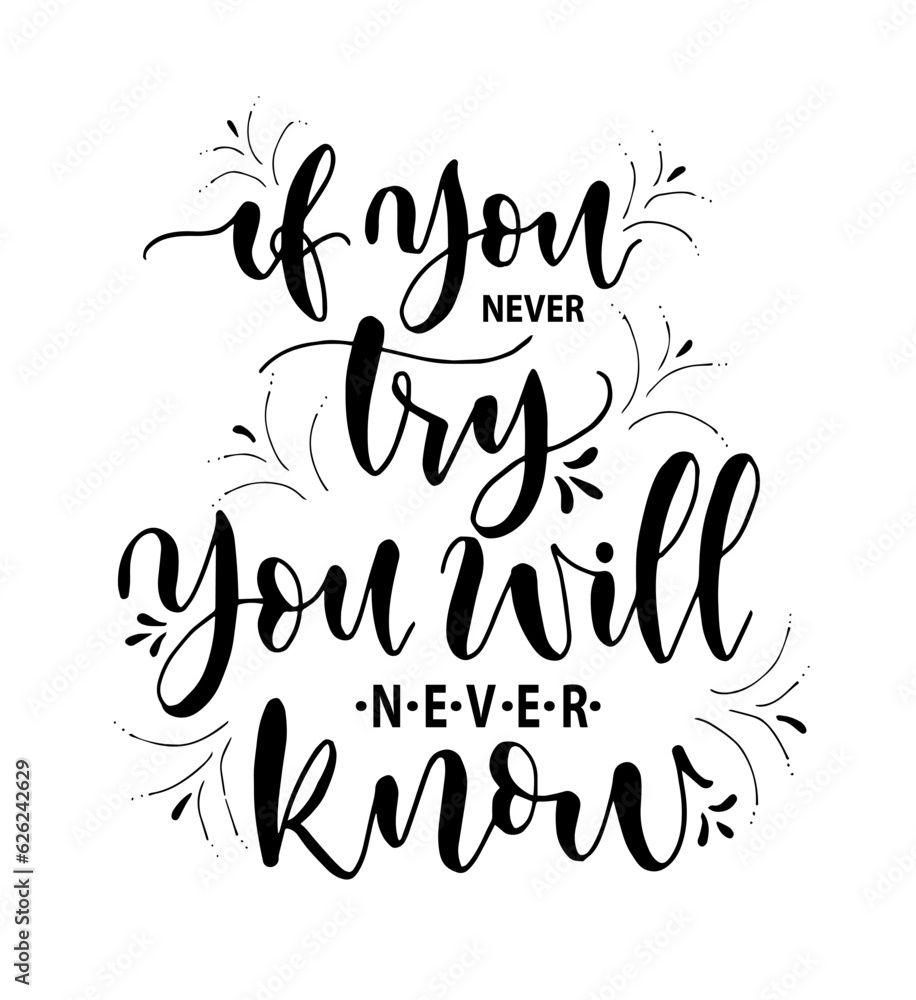 If you never try you will never know. Inspirational hand lettering quotes. Motivation saying for cards, posters and t-shirt If you never try you will never know. Inspirational hand lettering quotes. Motivation saying for cards, posters and t-shirt