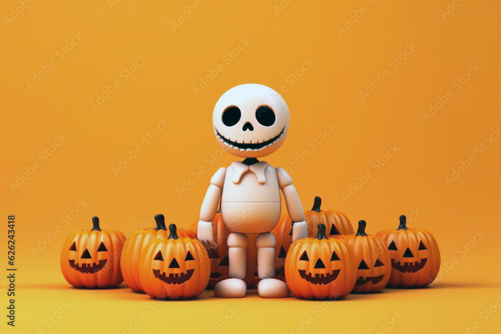 Happy skeleton with jack o lantern halloween scene isolated orange background generative ai Happy skeleton with jack o lantern halloween scene isolated orange background generative ai