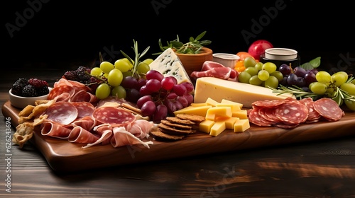 a wooden cutting board with meat grapes and grapes on it