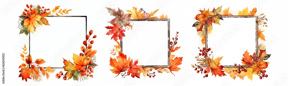Autumn square frame set garland of branches with pumpkins and leaves watercolor illustration isolated generative ai Autumn square frame set garland of branches with pumpkins and leaves watercolor illustration isolated generative ai