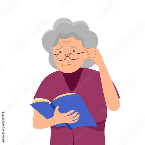 Elderly woman with poor eyesight reading book in flat design on white background.