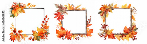 Autumn square frame set garland of branches with pumpkins and leaves watercolor illustration isolated generative ai