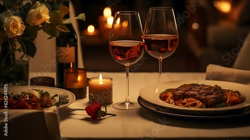 a table with plates of food and glasses of wine