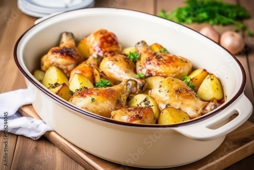 Potatoes and chicken baked in a ceramic pan.