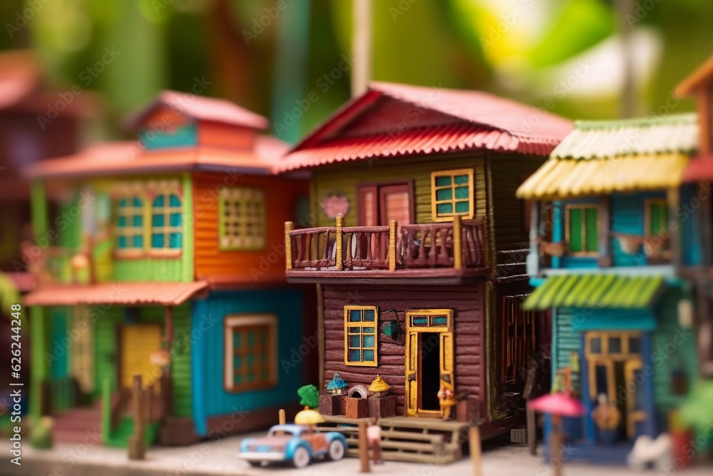 Fototapeta premium Vibrant Caribbean Charm Colorful Wooden Houses on an Island Paradise AI generated