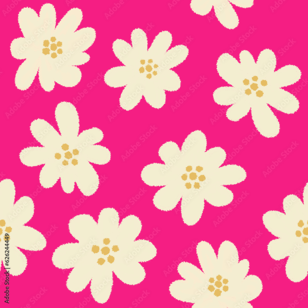 Bright pink floral seamless pattern. Hand drawn abstract white flowers on hot pink background. Modern trendy fashion girlish allover print