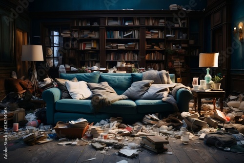 Chaos in the Living Room: A Messy and Dirty Sofa. AI