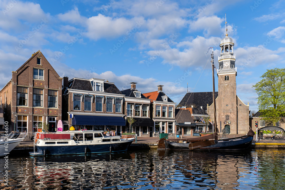 port of of Lemmer, Netherlands with Reformed church (Tsjerke oan it Dok)