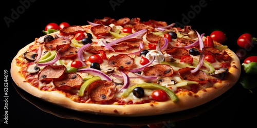 AI Generated. AI Generative. Traditional italian pepperoni pizza food. Famous tasty fast food meal baked fresh cuisine top above view table kitchen background