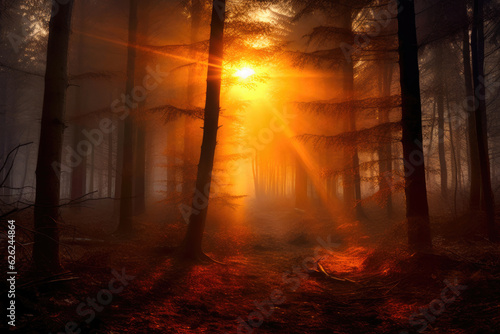 A Dark Forest Awash in Orange Glow © AIproduction