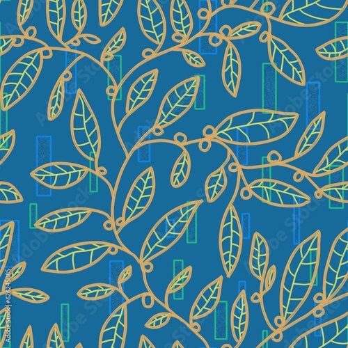 Seamless pattern of ornamental plants and geometric shapes with texture on a dark blue background for textile.
