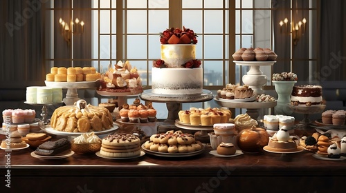 a table with a variety of cakes on it