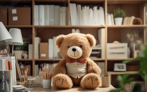 Teddy Bear in Office Illustration. Generative AI