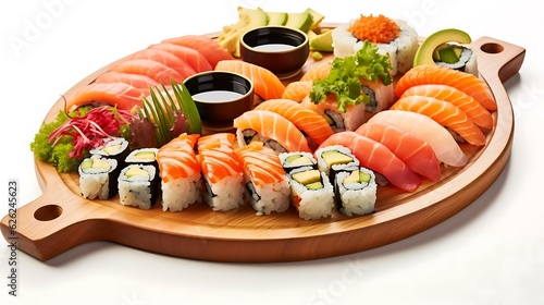 a wooden platter of sushi