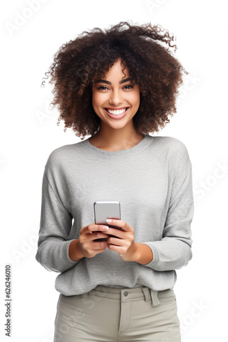 woman using cell phone isolated on white