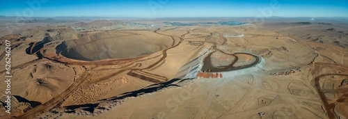 Aerial view of Cerro Dominador, a huge area in the Atacama desert where minerals are extracted from the dry ground; Antofagasta, Chile, South America - Panorama