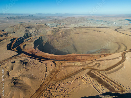 Aerial view of Cerro Dominador, a huge area in the Atacama desert where minerals are extracted from the dry ground; Antofagasta, Chile, South America