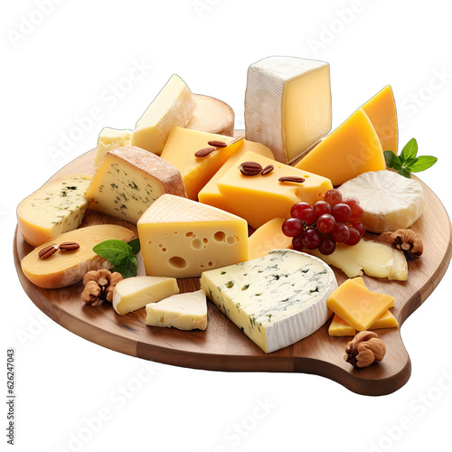 A variety of gourmet cheeses displayed on a rustic wooden platter photo