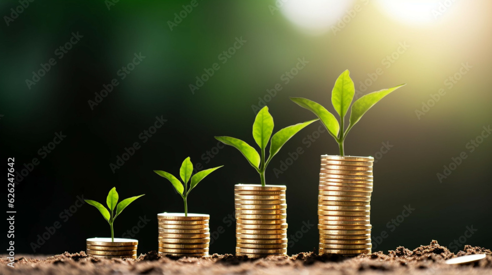 Growing money coins with green plant growing out of it, business and financial growth concept.Concept of saving,investment,money growing. Concept of carbon trading market. Growing money coins with green plant growing out of it, business and financial growth concept.Concept of saving,investment,money growing. Concept of carbon trading market.
