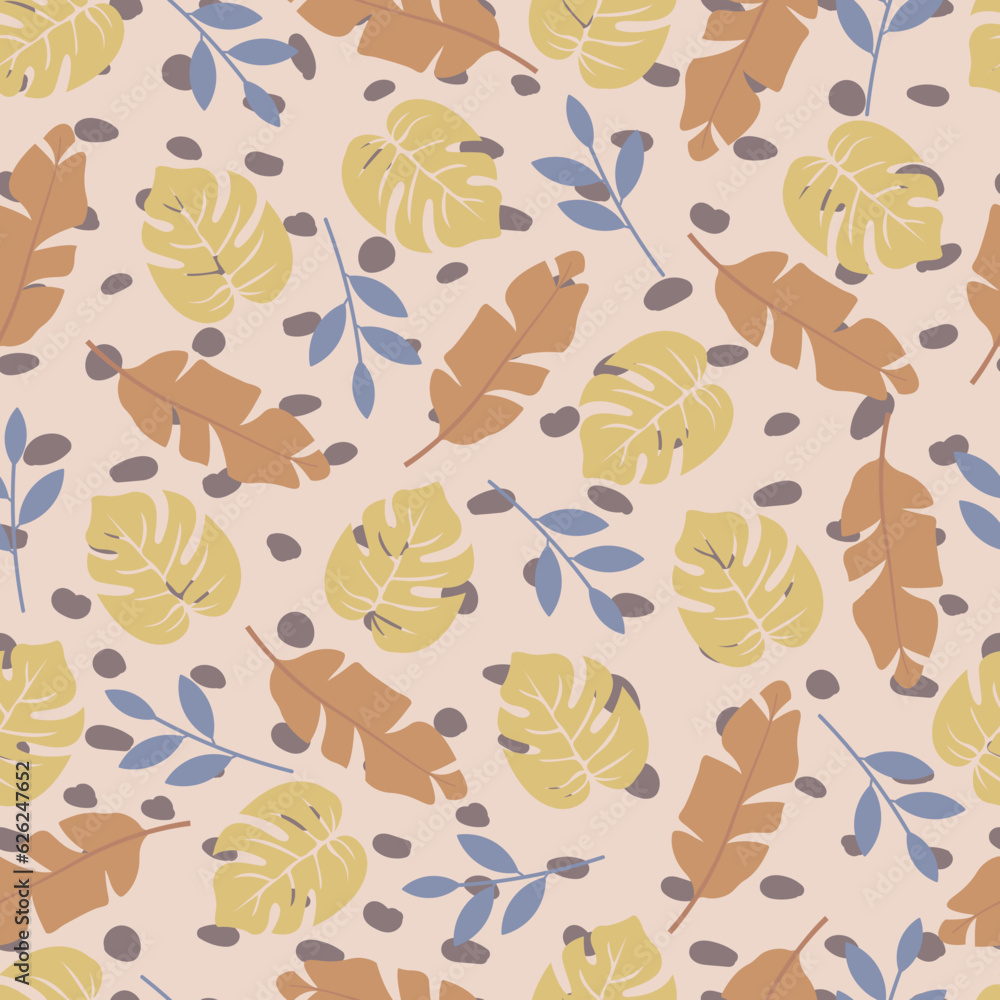 Floral seamless pattern. Monstera, banana leaves and blob shapes. Composite background. Whimsical arrangement of foliage motifs Floral seamless pattern. Monstera, banana leaves and blob shapes. Composite background. Whimsical arrangement of foliage motifs