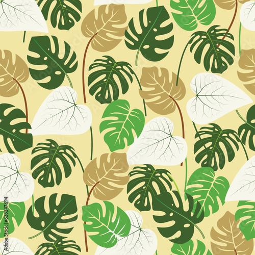 Monstera and philodendron leaves. Floral seamless pattern. Whimsical foliage arrangement. Exquisite allover print background