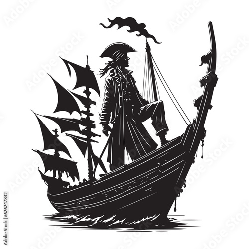 Pirate on ship, Captain on boat black outline vector illustration.