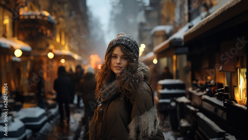 Schönes Frau in winterlicher Kleidung in der Einkaufsstrasse am Abend mit vielen Lichtern Porträt, ai generativ