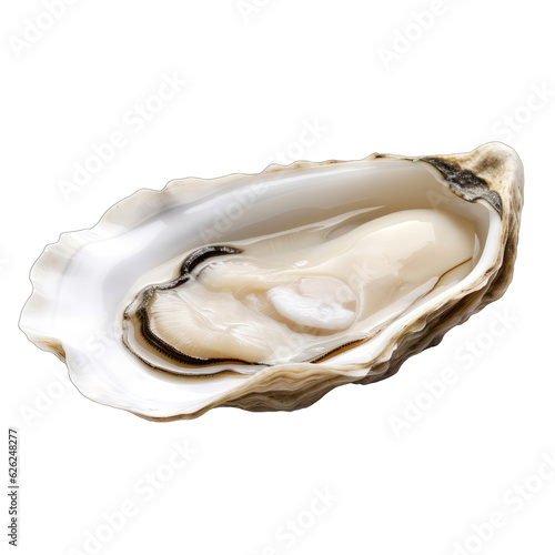 An open oyster shell on a white background
