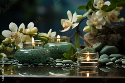 wellness and spa background with orchids  stones and candles. Generative AI