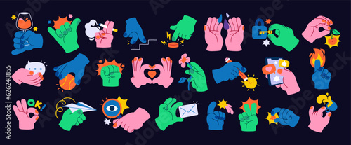 Various Hands holding things. Different gestures. Hand drawn colored trendy Vector illustration