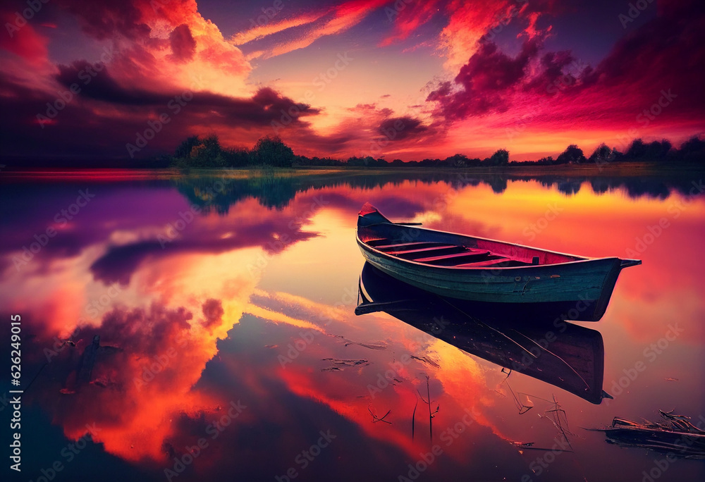 Wooden boat in the river during a pink sunset. AI Generated