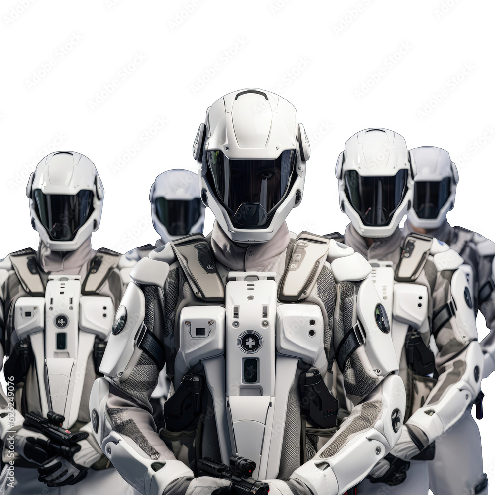People wearing protective suits and helmets People wearing protective suits and helmets