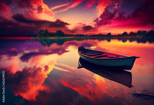 Wooden boat in the river during a pink sunset. AI Generated