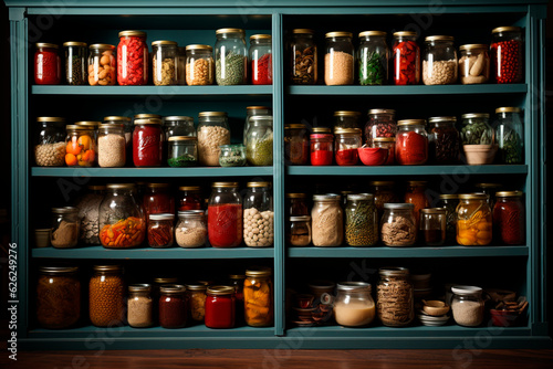 different kinds of spices in glass jars on wooden background