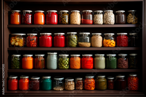 different kinds of spices in glass jars on wooden background,generative ai