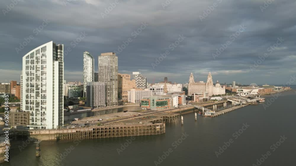 Aerial view of Pier Head, Liverpool waterfront, England Aerial view of Pier Head, Liverpool waterfront, England