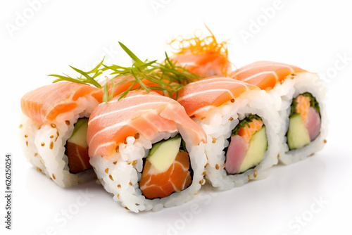 fish rice set japanese food seafood white background sushi healthy roll. Generative AI.