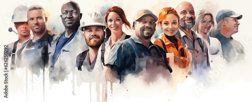 Group of factory  workman in watercolor style ,  Generative Ai