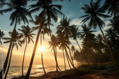 Coconut trees lining the coastline, landscape photography. Generative AI © Nutcha