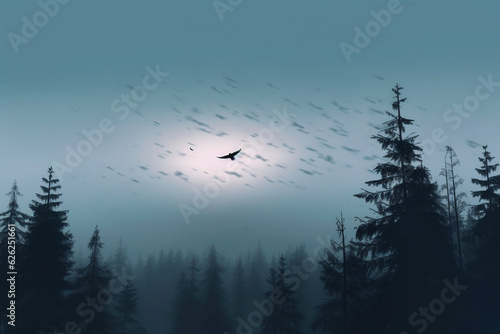 silhouette of birds flying in a foggy forest. Silhouettes of mountains in the fog and a bird flying in cold toning. birds flying in magical forest, fantasy landscape. Generative AI © Dmytro