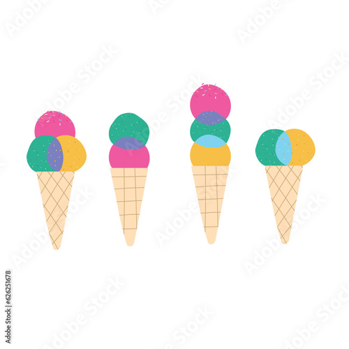 Set of Multicolor Ice cream scoop with cone Icon  