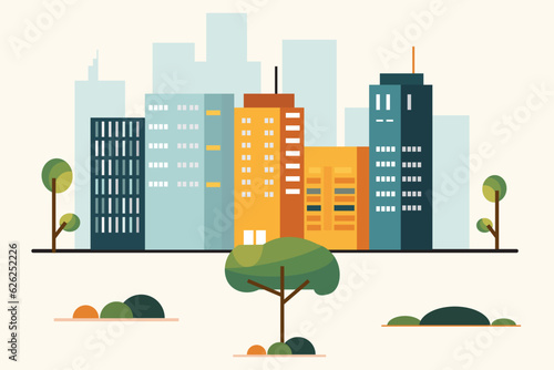 Urban landscape with tall skyscrapers and subway stations, vector illustration.