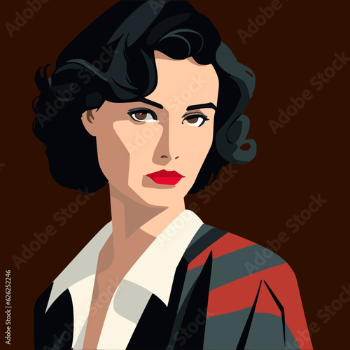 Woman with stern look, dark hair, red accents, red lips.